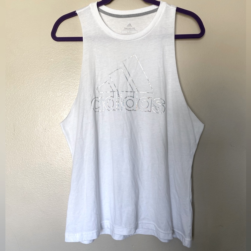 adidas White Muscle Tee with Metallic Logo